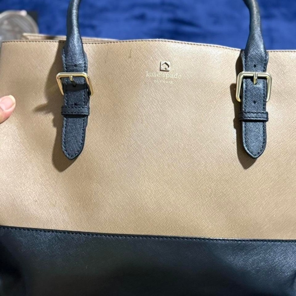 Kate Spade Tote Bag Tan Black Satchel Purse Handbag Shoulder Bag Work Office